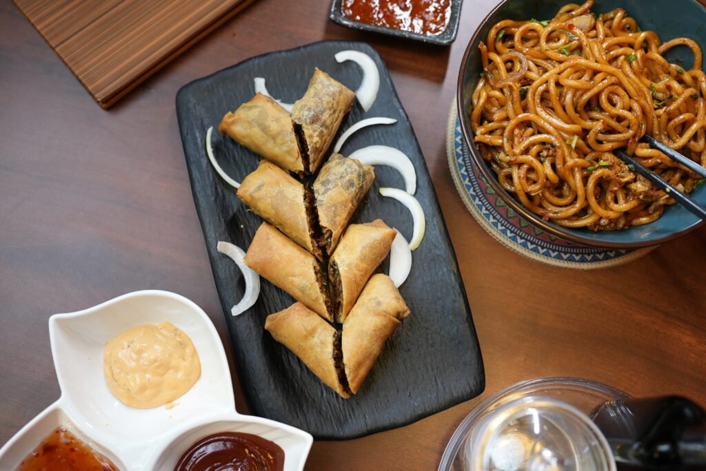 Hakka noodles and spring rolls at Chilli Chopsticks Kitchener