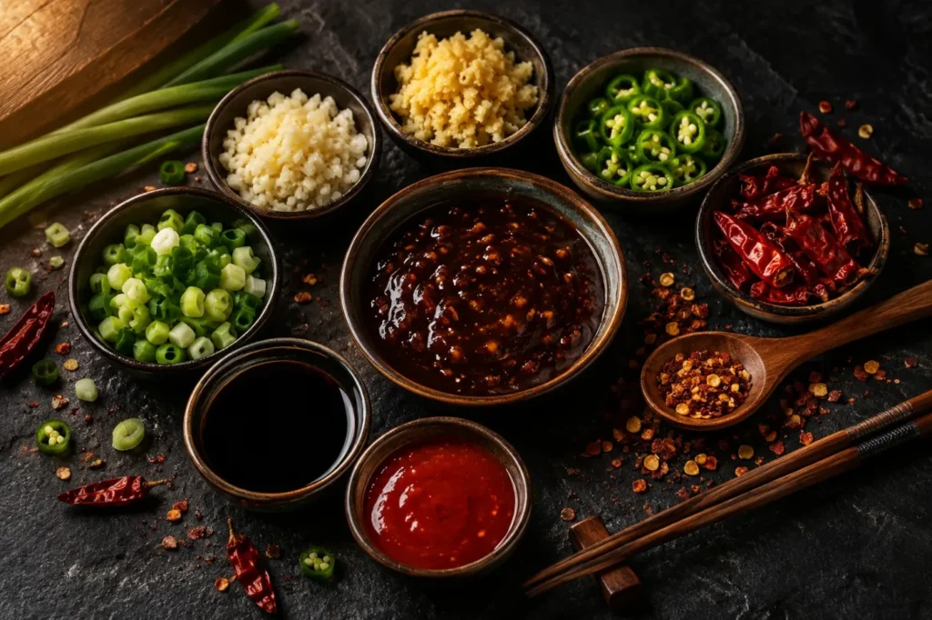 Garlic, ginger, chillies and house sauces for Hakka cooking