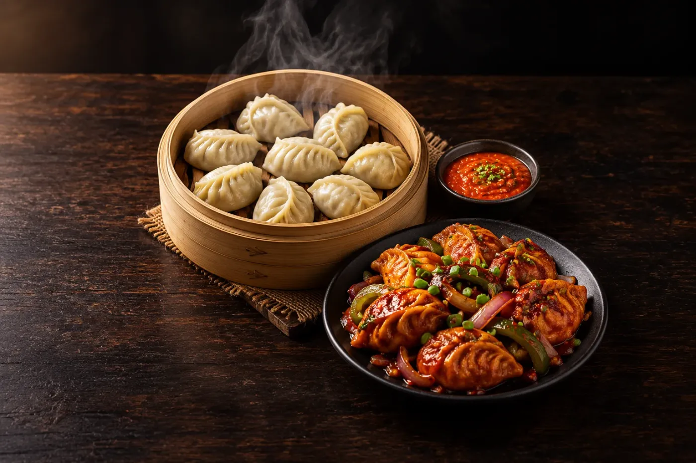 Steamed and fried chilli momos in Kitchener at Chilli N Chopsticks